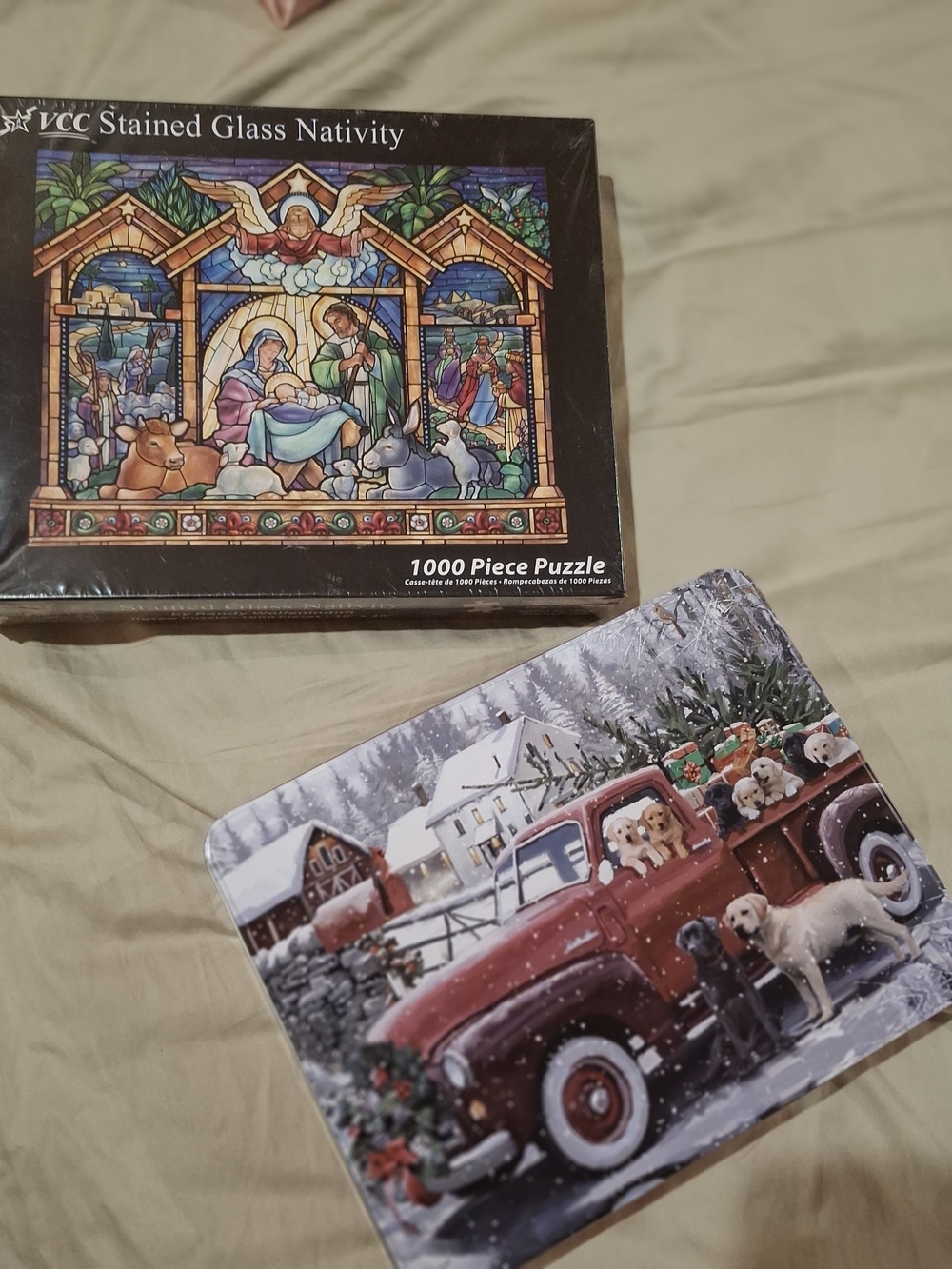 2 Puzzles, Stained Glass Nativity And Rural Holiday Scene